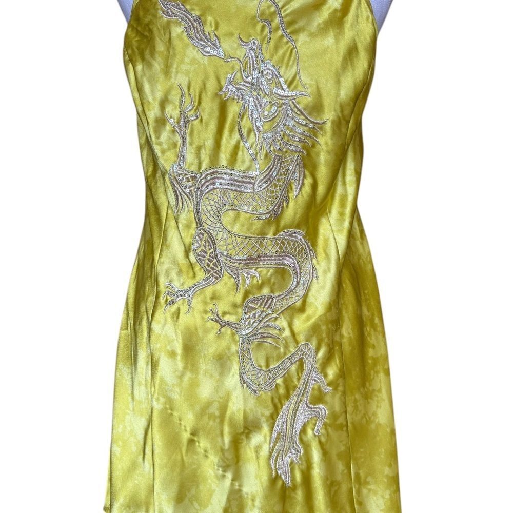 Urban Outfitters Bird Song Satin Mini Dress Dragon Embroidered Sequins 90s Large - Picture 7 of 15